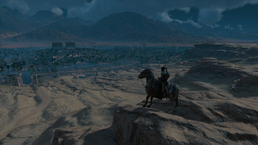 Image Description: Assassin's Creed: Origins - Bayek overlooking Egypt on a horse. End of Image Description.