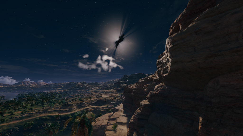 Image Description: Assassin's Creed: Origins - Bayek taking a leap of faith in the moonlight. End of Image Description.