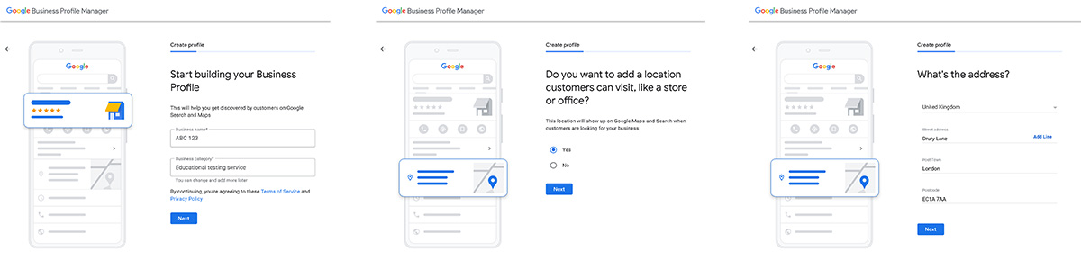 Image description: screenshots of multiple stages of registering your business with Google Business Profile Manager, this form can be accessed through the previous hyperlink and should be compatible with text-to-speech services. End of image description.